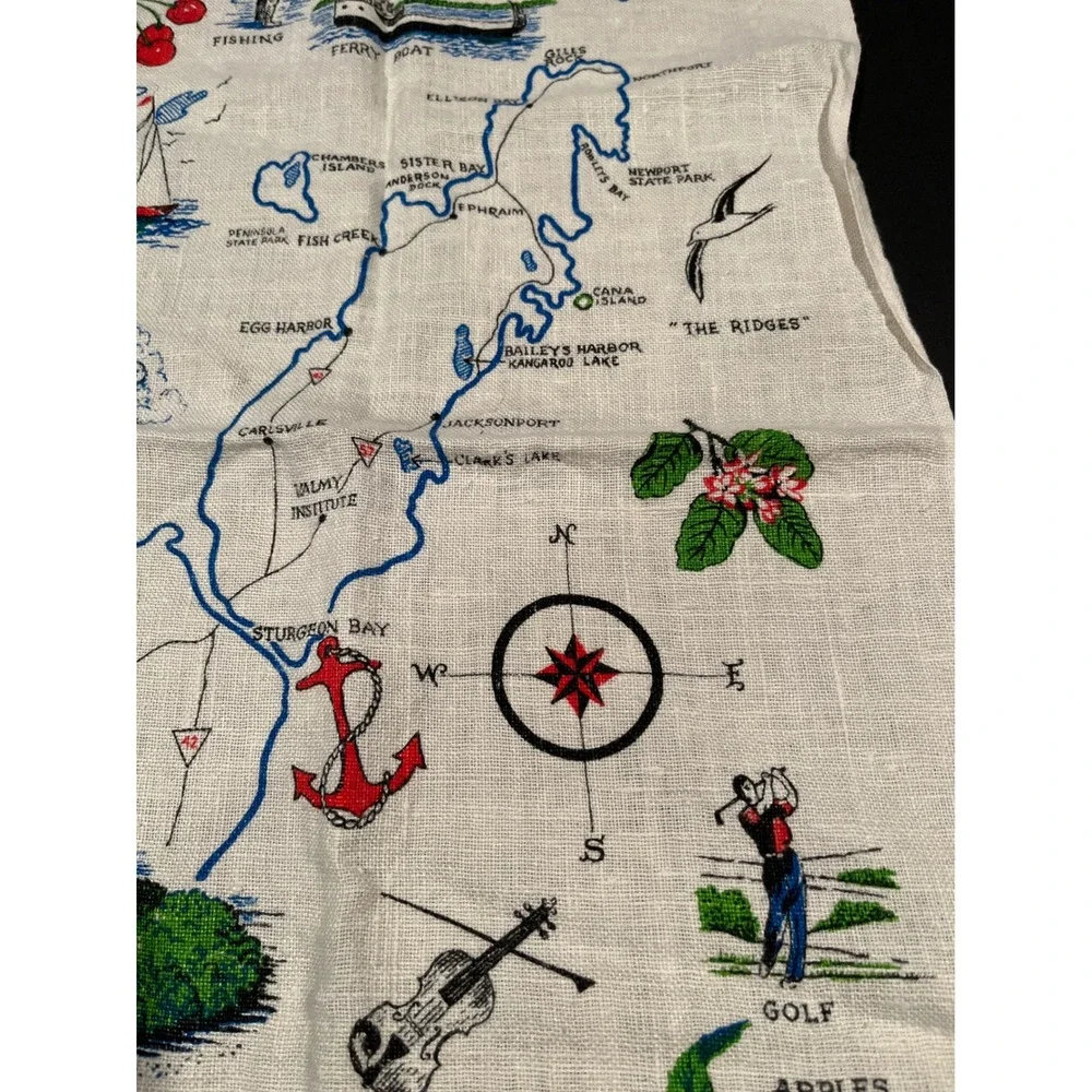 Vintage Door County Wisconsin Souvenir Map Linen Tea Towel Kitchen Decor 15x28